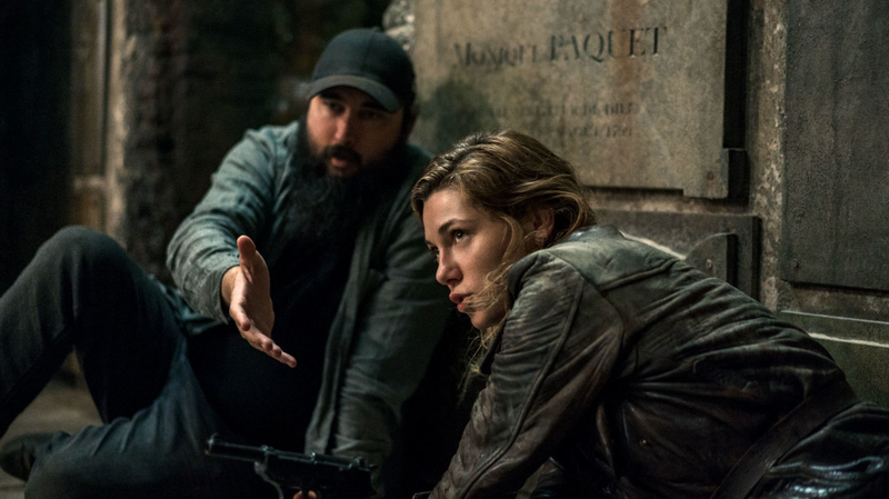 Avery and co-star Mathilde Ollivier on the set of Overlord.